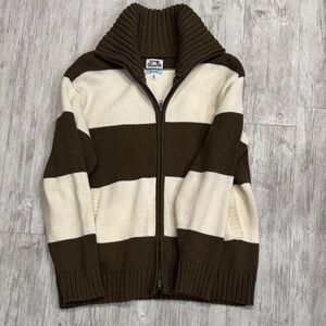 Chunky Knit Zip-Up Sweater - Brown and Cream